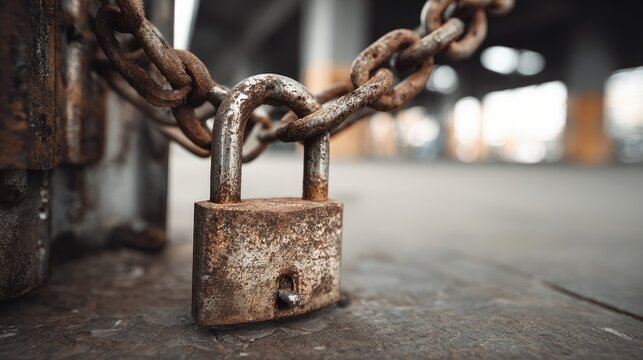 Rusty Padlock and Chain Securing an Industrial or Urban Area with Weathered Metal Surface and Bokeh Background