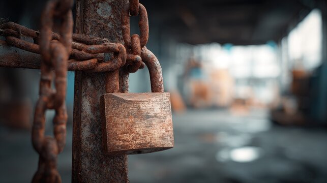 Close-up of rusty chain and padlock securing a gate or fence on an industrial or construction site during daytime