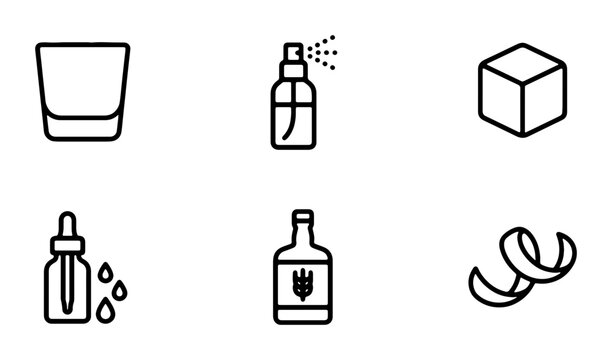 Cocktail Ingredients Icons: Glass, Bottle, Dropper, Ice Cube, Garnish, Spray