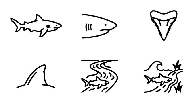 Shark Icons Set, Ocean Life Vector Graphics, Marine Predator Symbols, Underwater Danger Elements