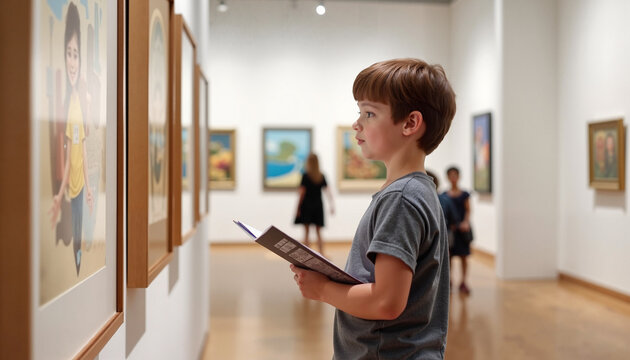 Young boy exploring art exhibit with curiosity, engaging creativity