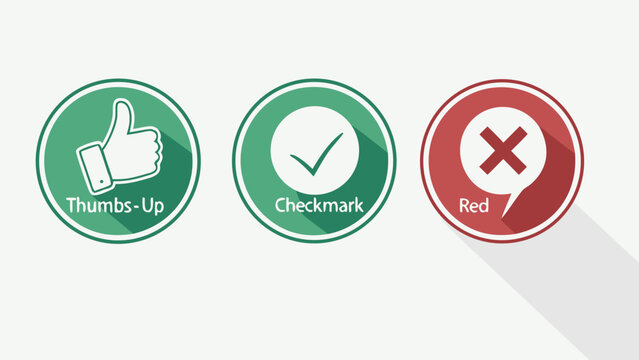 Set of feedback icons featuring thumbs up checkmark red x symbols in round frames check mark thumbsup checkmark
