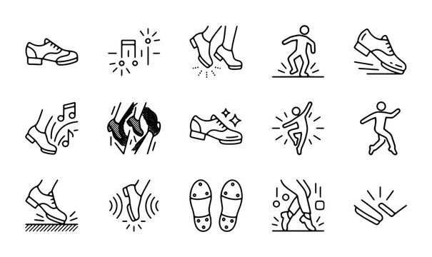 Dance Footwear Icons, Shoe Steps & Movement Graphics, 15 Elements Set