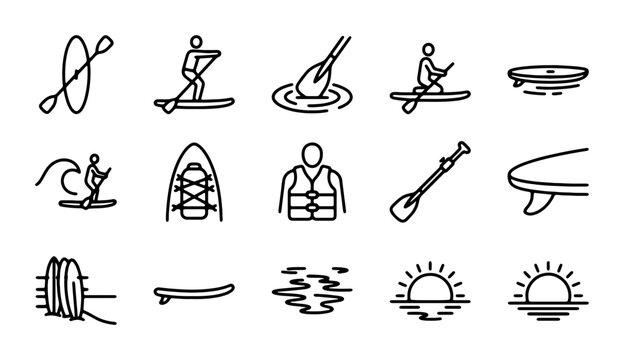 Stand Up Paddleboard Icons, Kayak, Surfboard, Water Sports Vector Set, Outdoor Activity Graphics