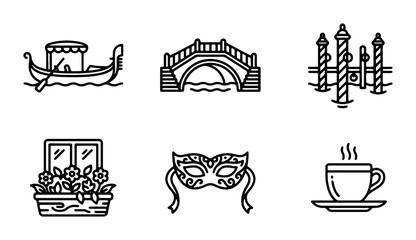 Venice Icons: Gondola, Bridge, Masquerade Mask, Coffee, Window Box, Poles - Vector Set © MmImran