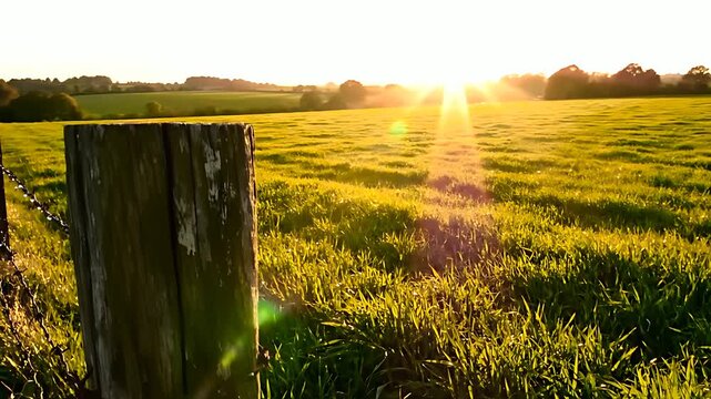 Barbed wire fence with dewdrops in a field at sunrise. Golden light illuminates a lush agricultural pasture and rural landscape. Boundary and security concept, ideal for farming and nature marketing.
