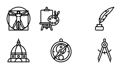 Renaissance Icons Set: Vitruvian Man, Easel, Quill, Dome, Compass, Divider © Rayhan