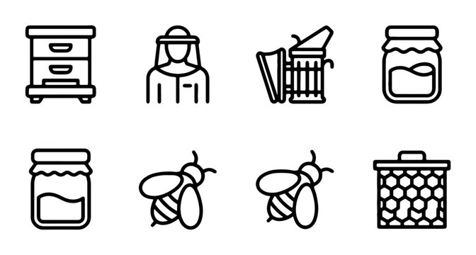 Beekeeping Icons Set: Apiary, Beekeeper, Smoker, Honey Jars, Bees, Honeycomb