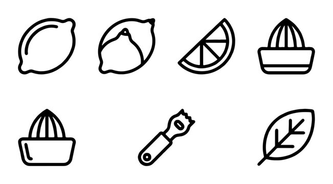 Lemon Icons Set, Citrus Fruit Vector Graphics, Kitchen Tools, Food Preparation, Healthy Ingredients
