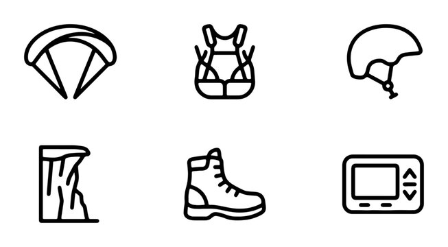 Extreme Sports Icons: Parachute, Harness, Helmet, Cliff, Boot, GPS Device, Adventure Gear