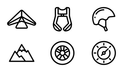 Extreme Sports Icons: Paragliding, Mountain, Helmet, Compass, Wheel, Harness Vector Set © MmImran