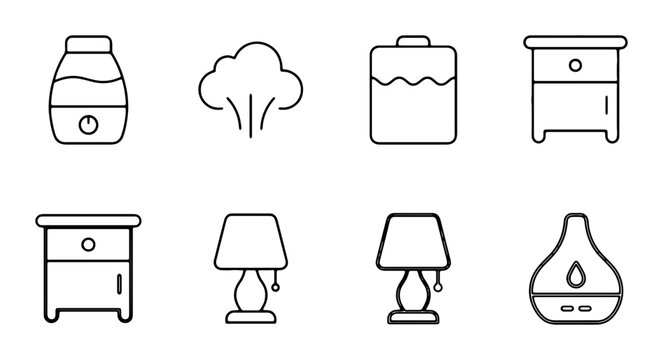 Home Comfort Icons: Humidifier, Aroma Diffuser, Nightstand, Lamp, Steam Cloud Vector Set