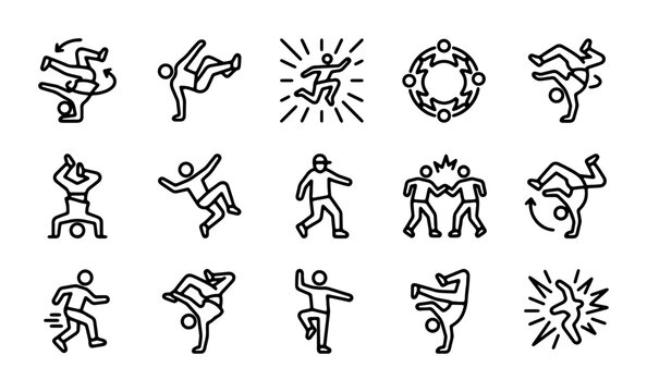 Breakdancing Icons, Hip Hop Dance Moves, Urban Street Style Vector Set