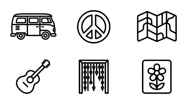 Retro Van, Peace Sign, Map Icons: Vintage Travel & Music Symbols Vector Set