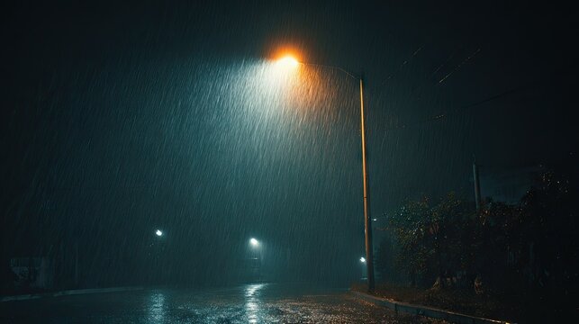 Nighttime street scene during heavy rain with illuminating streetlamp and reflections on wet pavement under dark cloudy sky