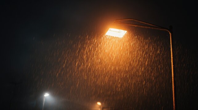 Bright Streetlight Illuminating Heavy Rainfall at Night with Multiple Light Sources in Dark Urban Environment