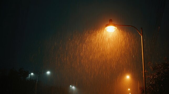 Streetlamp Illuminating Rainy Night with Falling Raindrops and Glowing Light amidst Dark Urban Environment
