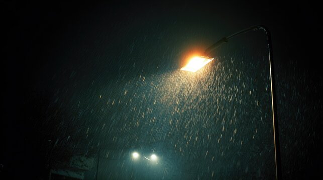 Bright Street Light Illuminating Heavy Rain During Night with Lightning in Dark Sky