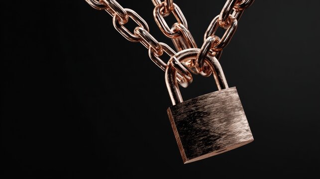 Close-up of a metal chain and padlock symbolizing security, protection, restriction, and safety against a dark background