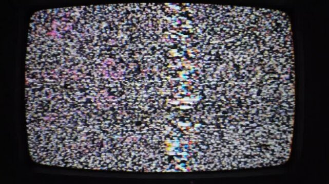 Retro television glitch overlay with digital pixel noise, analog static texture, distorted RGB color separation and corrupted signal effects for creative editing backgrounds.