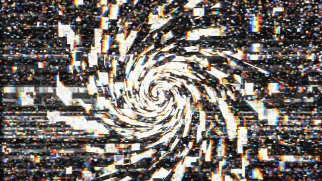 Glitch overlay with random digital noise and broken pixel textures, flashing RGB lines and static electronic interference moving across a dark background in seamless motion.