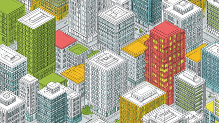 Colorful cityscape with high-rise buildings, urban planning and infrastructure details © Genji Jh