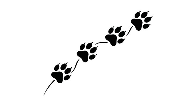 Black paw prints, animal footprints, pet trail, silhouette icons, vector graphics