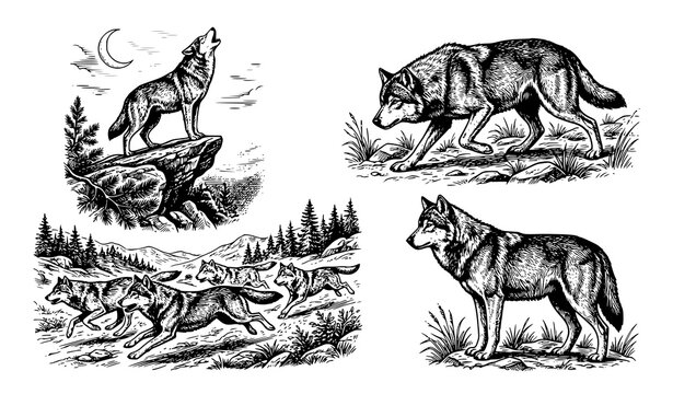 Engraved Gray Wolf Vector Collection with Vintage Wildlife Predator Sketch and Badge Design