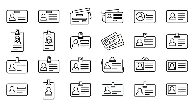 ID badge icons, identification badge set, user profile symbols, 25 line style id cards
