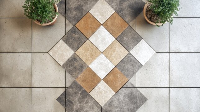 Colorful Tile Floor Arrangement with Two Green Potted Plants for Interior Design and Home Decor Setting