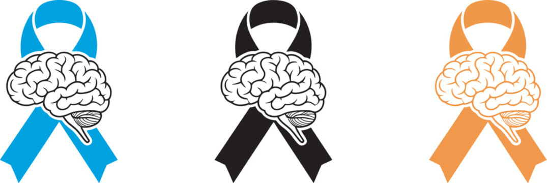 Brain awareness ribbon icons featuring epilepsy awareness symbols with creative medical illustration designs vector collection for neurological health campaigns and healthcare education materials.