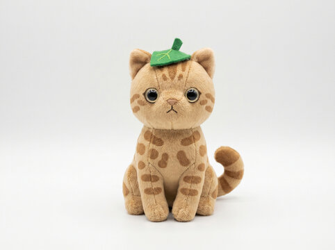 Adorable plush feline companion with charming big eyes and a playful green leaf adornment radiating gentle warmth and sweet innocence a delightful representation of youthful joy and affectionate compa
