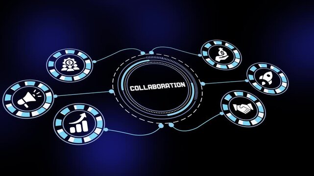 Collaboration concept with teamwork systems, workflow integration analytics and modern business visualization design.