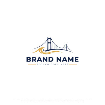 Modern logo design featuring a bridge silhouette and ocean wave ideal for travel or infrastructure companies