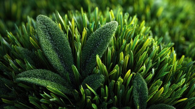 Close-up of lush green grass with soft moss-covered leaves in a vibrant garden setting, focus on detailed plant textures and rich foliage