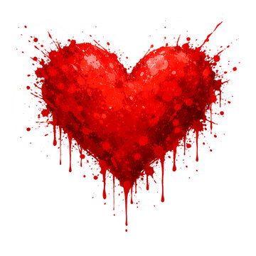 Vibrant red heart with dynamic paint splatter and dripping effect, creating a passionate and artistic expression of love on a transparent background.