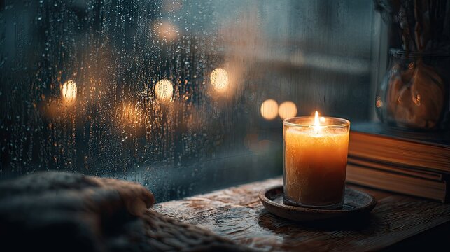 Cozy Candlelit Scene with Rainy Window View and Glowing Lights in a Warm Indoor Setting