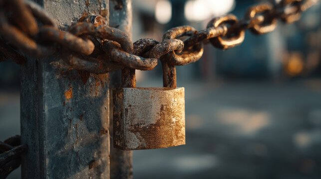 Close-up of rusted metal chain and padlock securing a fence outdoors during daylight