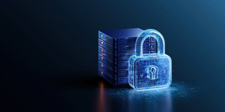 Cyber threat defense protecting data center with secure lock hologram and glowing server array