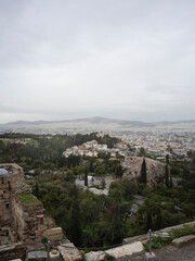Naklejka premium Greece, Athens. Panoramic city view from a hillside, urban landscape, scenic travel destination, architecture skyline, European tourism.