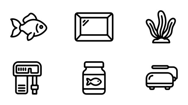 Aquarium Icons Set: Fish, Plants, Filter, Food, Air Pump, Tank Elements