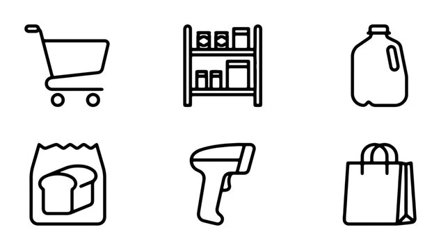 Grocery Shopping Icons: Cart, Shelves, Milk Jug, Bread Bag, Scanner, Shopping Bag
