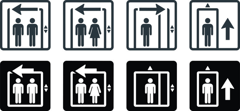 Elevator lift direction icons set, people inside cabin, left right up arrows, building navigation symbols, black outline solid vector illustration