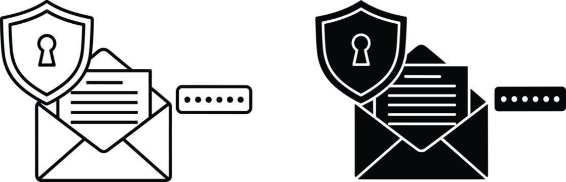 Email Security and Encrypted Message Protection Concept Vector Illustration Featuring Locked Envelope, Shield, Password Dots, and Secure Digital Communication Icons in Outline and Solid Styles