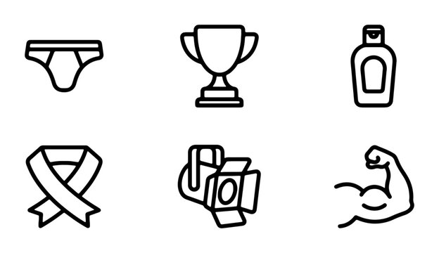 Sports Icons: Trophy, Jockstrap, Lotion, Ribbon, Lights, Muscle Arm Vector Set