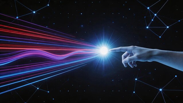 Human finger touching bright beam of light in space, speed and data transmission concept, colorful laser lines, fiber optic technology, digital connection, futuristic interface,