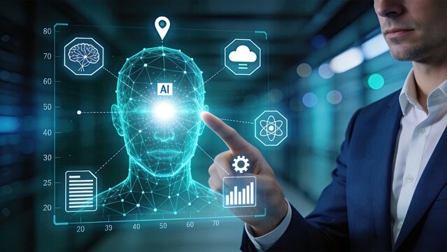Artificial intelligence AI brain network interface with man touching hologram screen displaying cloud computing atom gear document chart location pin icons on dark tech background