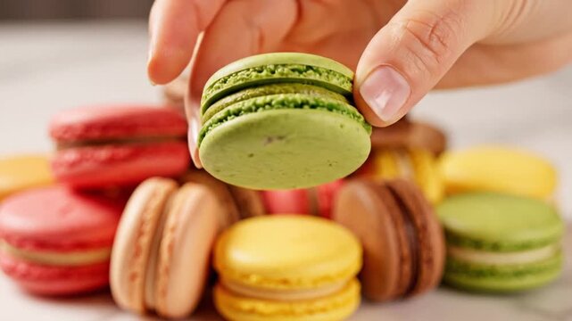 Close-up of a person's hand selecting a green pistachio macaron from a pile of colorful French macarons including pink, yellow, and chocolate flavors on a white marble tabletop.