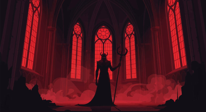 Dark silhouette of a horned demonic lord with a trident standing in a gothic cathedral with glowing red windows and thick red mist on the floor in flat vector style.