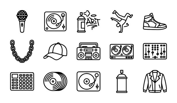 Hip Hop Icons Set: Microphone, DJ Turntables, Breakdancer, Graffiti Art, 15 Vector Elements